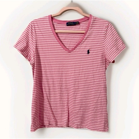 Polo Ralph Lauren Vintage Pink Striped V Neck T Shirt Women's Size Large - Picture 1 of 4